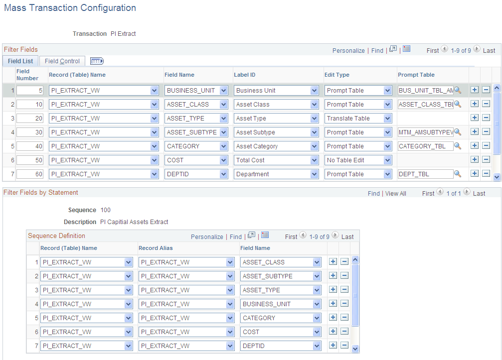 Mass Transaction Configuration page