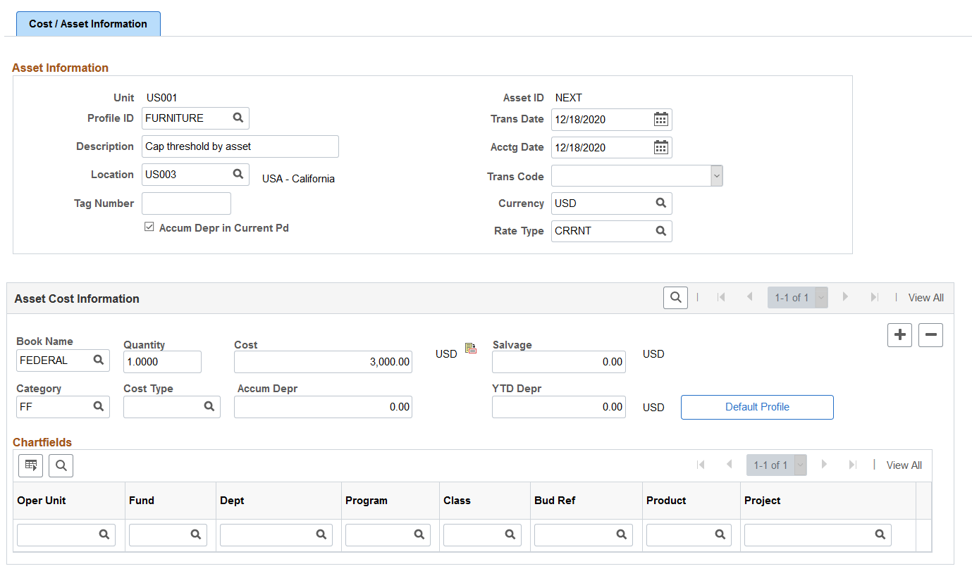 Cost/Asset Information page (1 of 2)