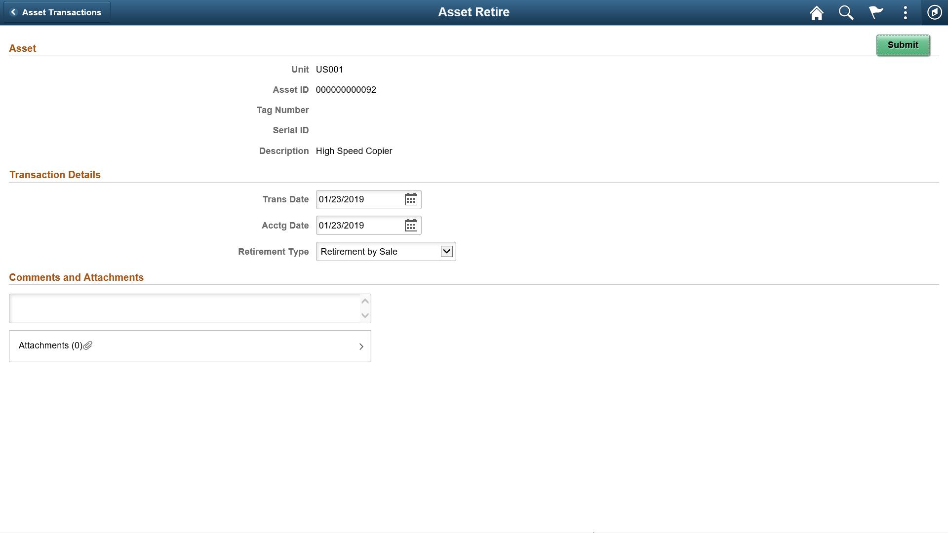 Asset Retire page