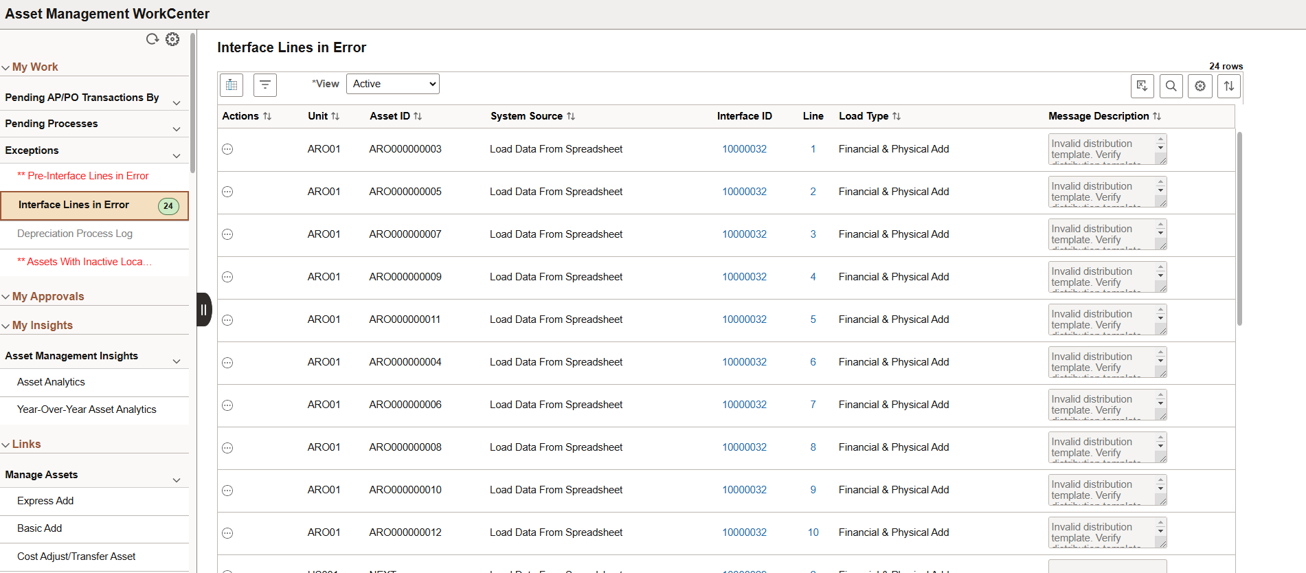 Asset Management WorkCenter - Interface Line in Error (Work Management)