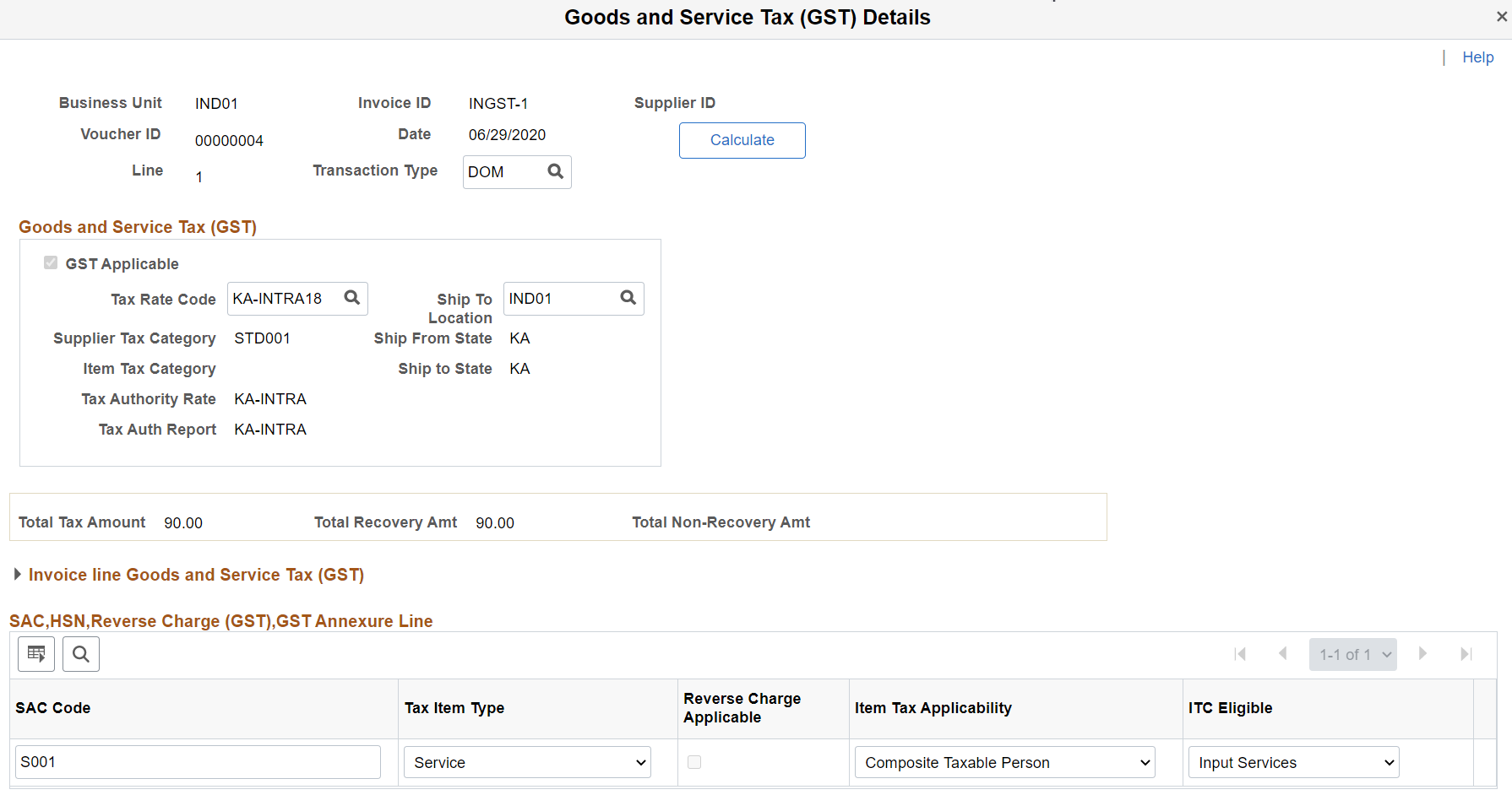 Goods and Service Tax (GST) Details page for a Regular Voucher