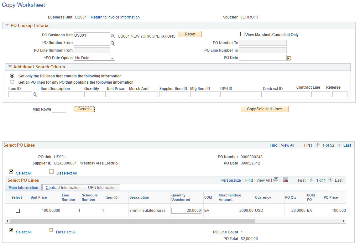 Copy Worksheet (purchase order) page