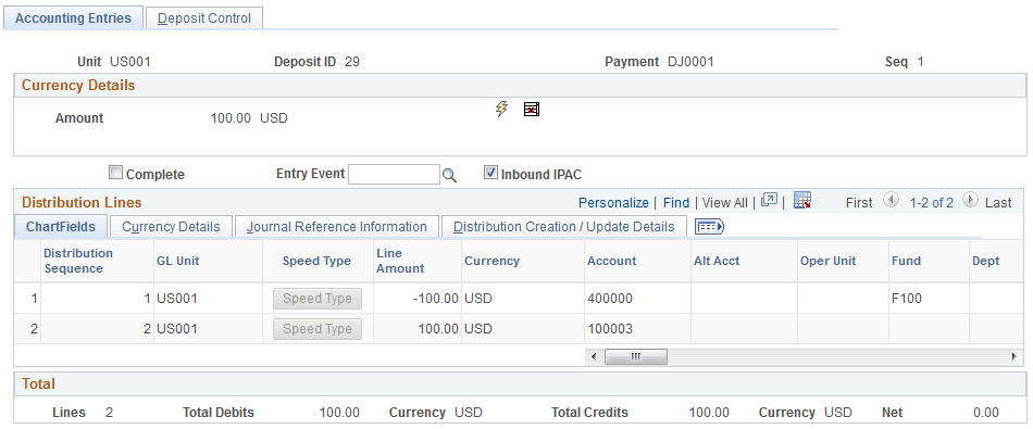 Direct Journal Payments - Accounting Entries page