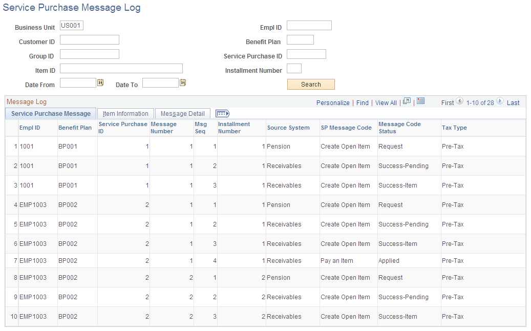 Service Purchase Message Log page