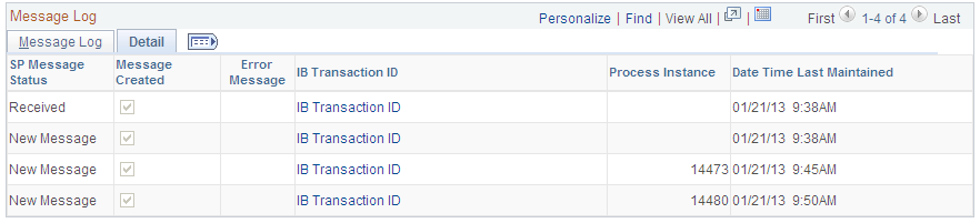 Service Purchases page - Message Log Detail tab
