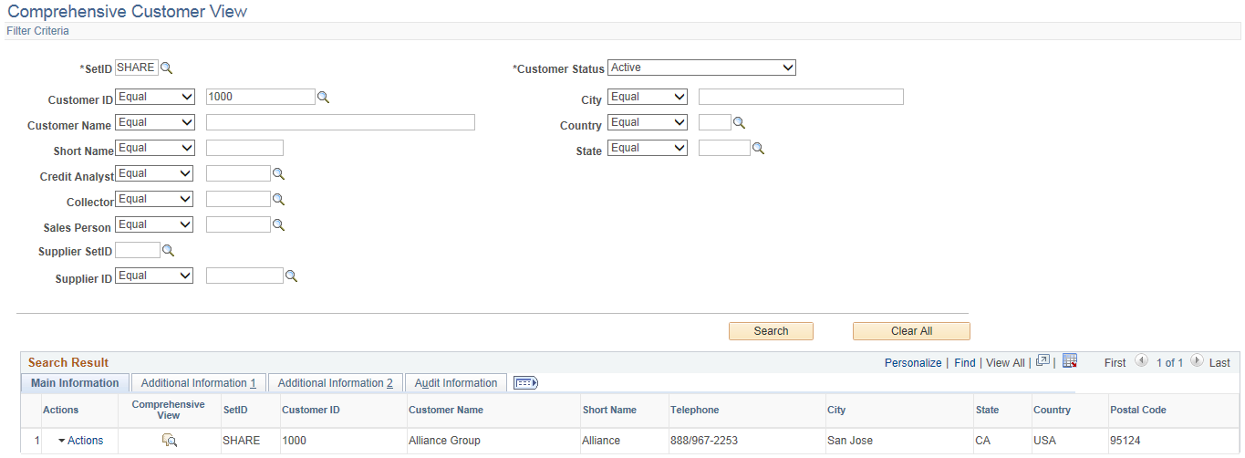Comprehensive Customer View Search page