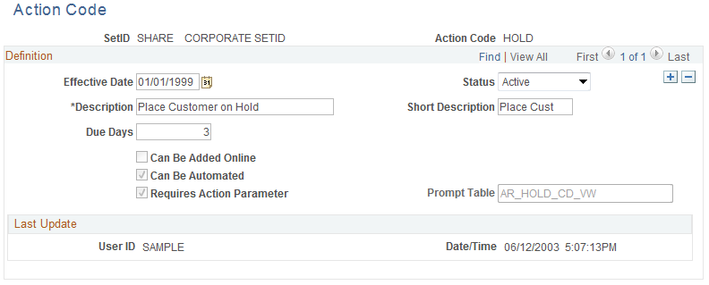 Action Code page