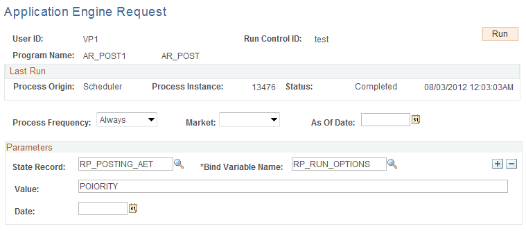 Modifying run parameters for the AR_POST1 process on the Application Engine Request page