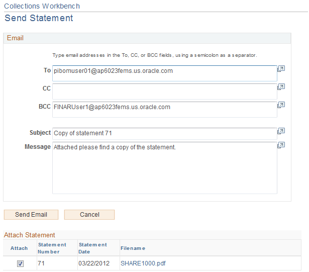 Collections Workbench - Send Statement page