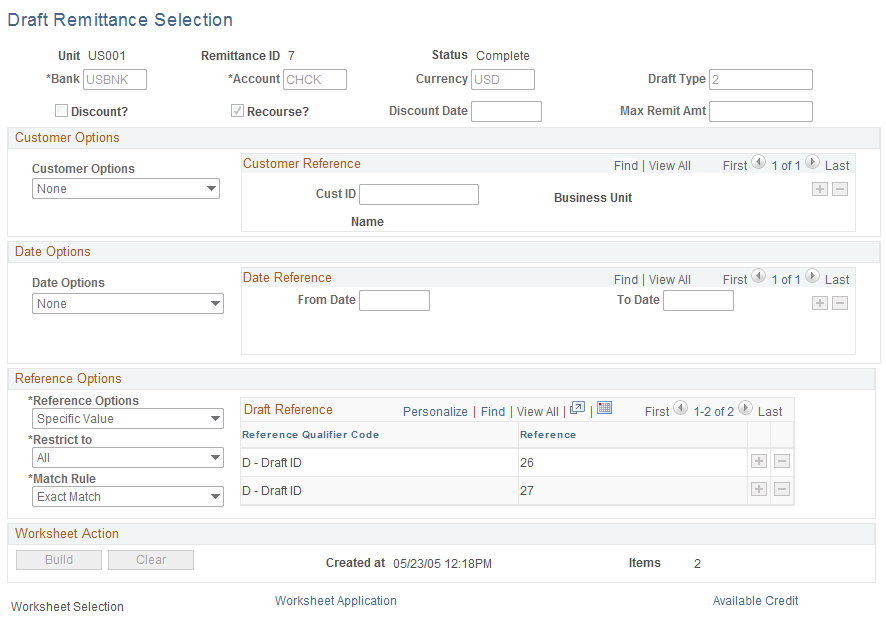 Draft Remittance Selection page