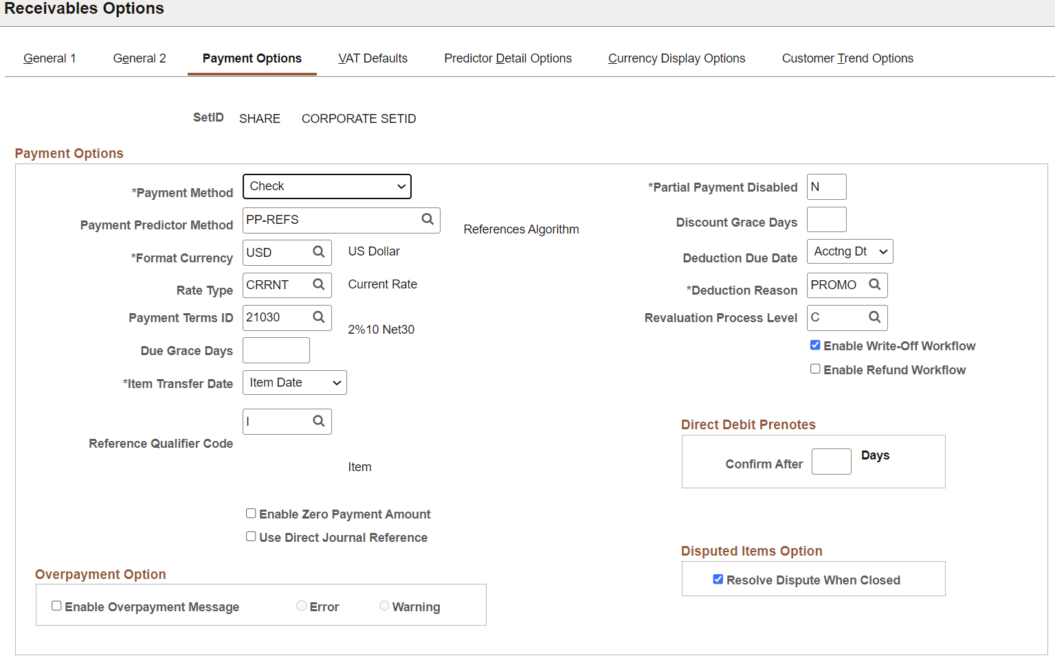 Receivables Options - Payment Options (1 of 2) page