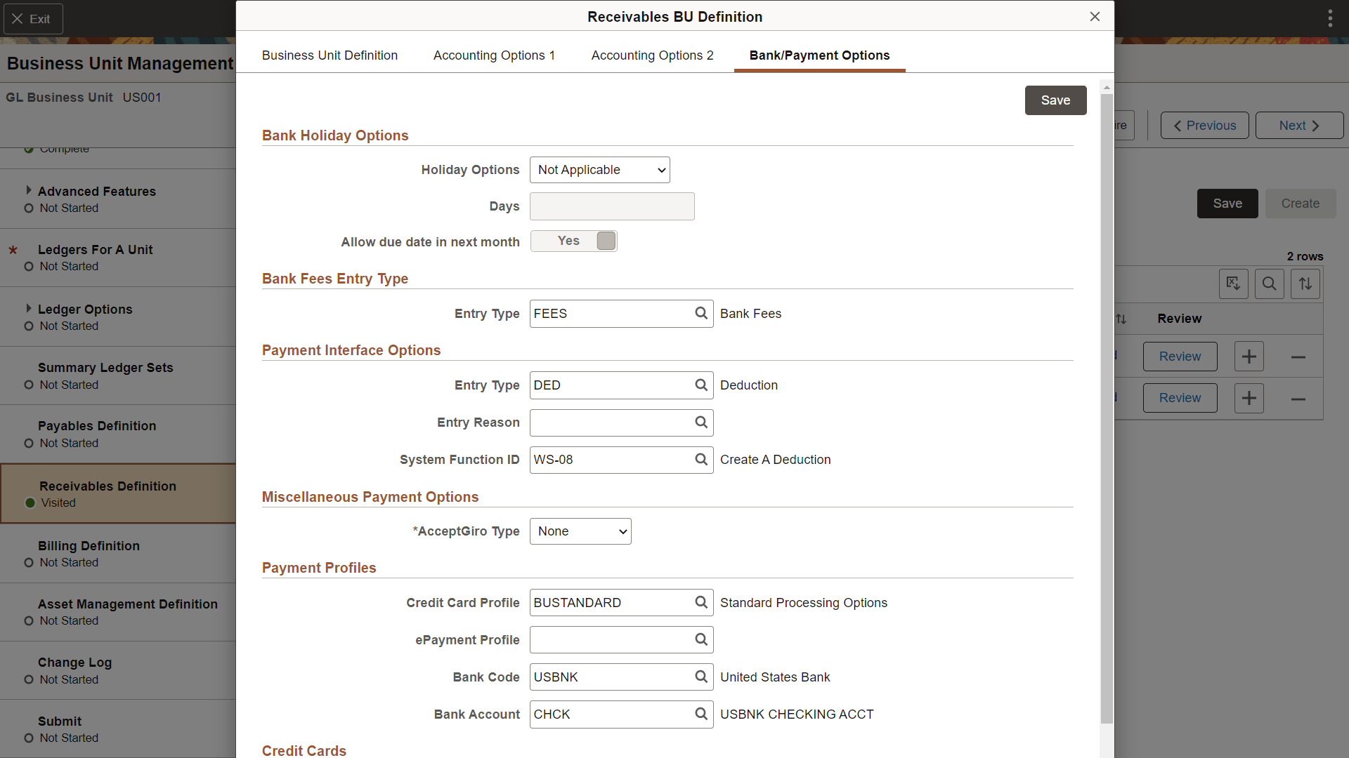 Business Unit Management - Bank Payment Options page