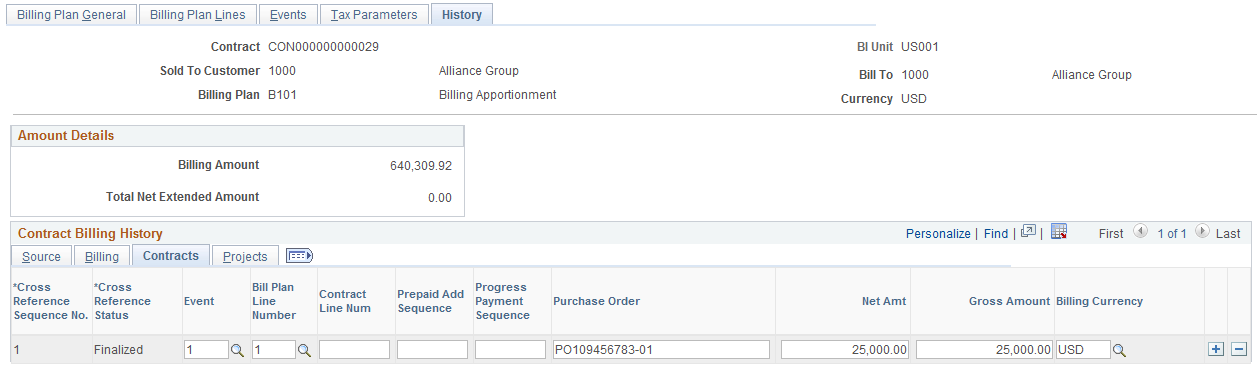 Billing Plan History - Contracts Page