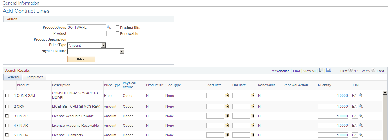 Add Contract Lines page (1 of 2)
