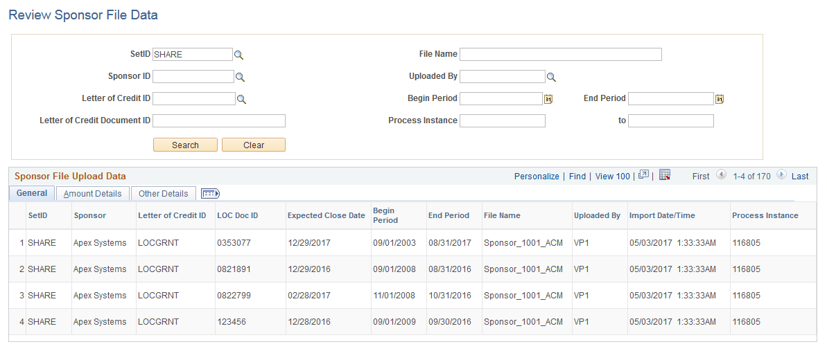 Review Sponsor File Data Page