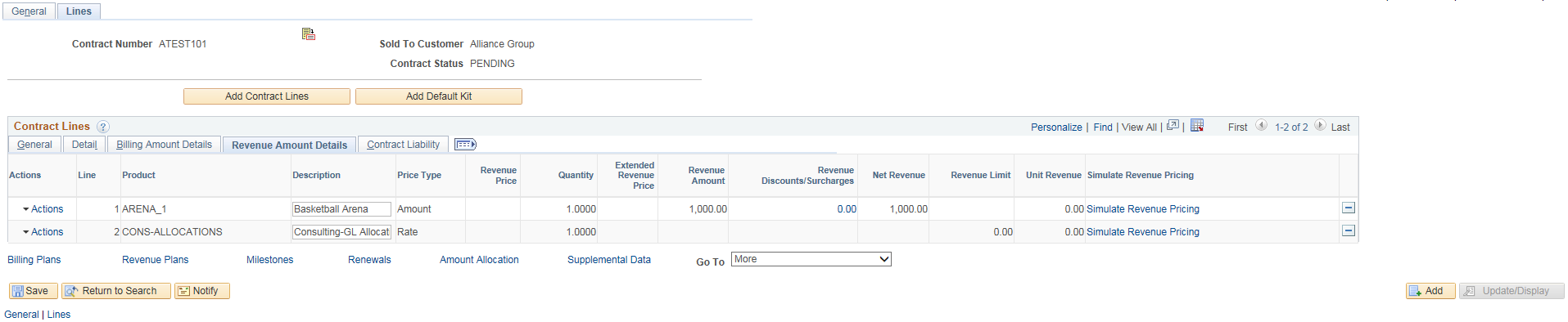 Contracts Lines - Revenue Amount Details page