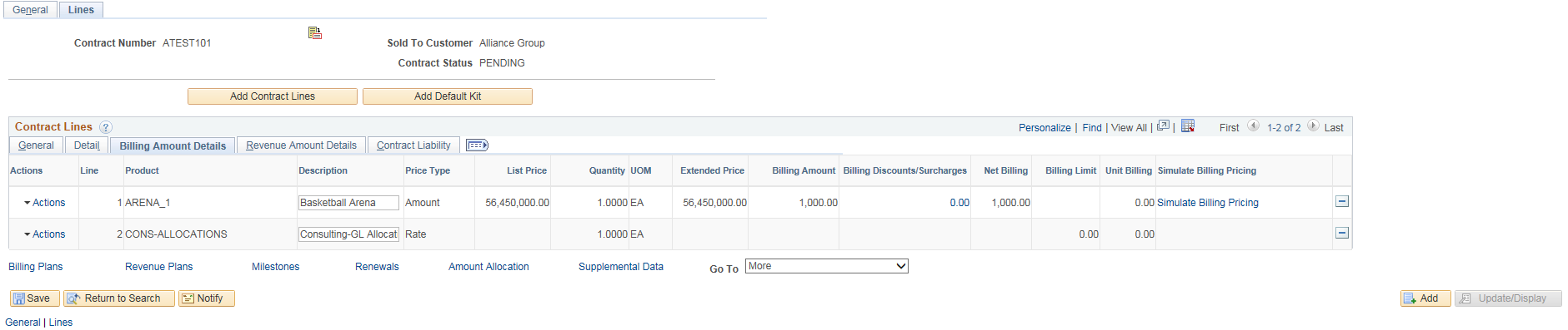Contracts Lines - Billing Amount Details page
