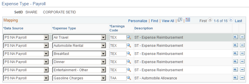 Expense Type - Payroll page
