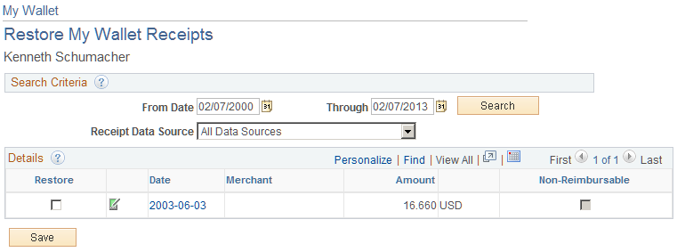 My Wallet - Restore My Wallet Receipts page