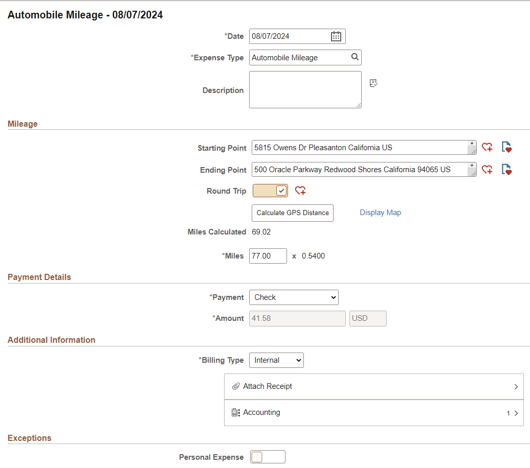 Automobile Mileage Expense Type