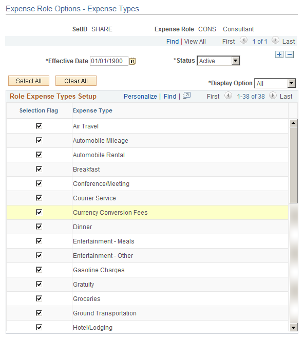 Expense Role Options - Expense Types Page