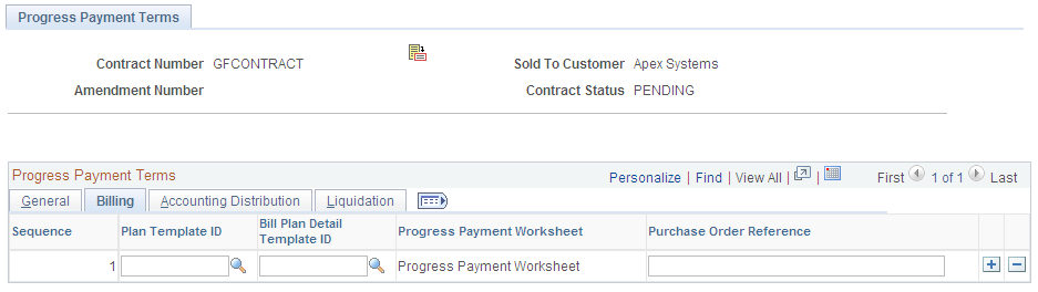 Progress Payment Terms page: Billing tab