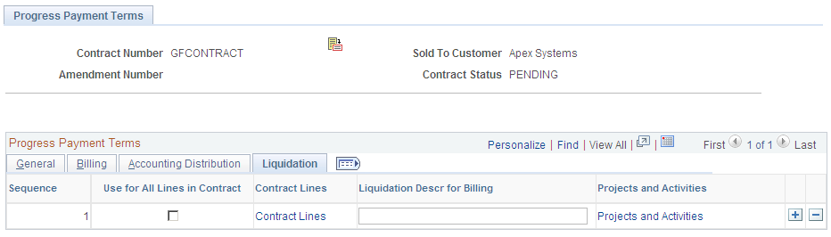 Progress Payment Terms page: Liquidation tab