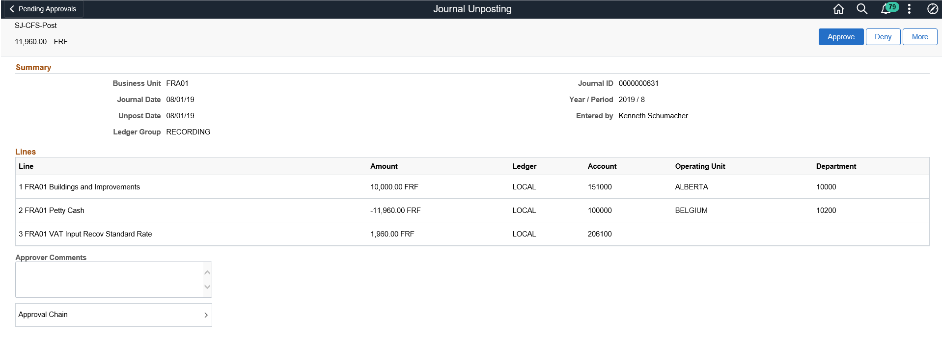Pending Approvals - Journal Entry Page