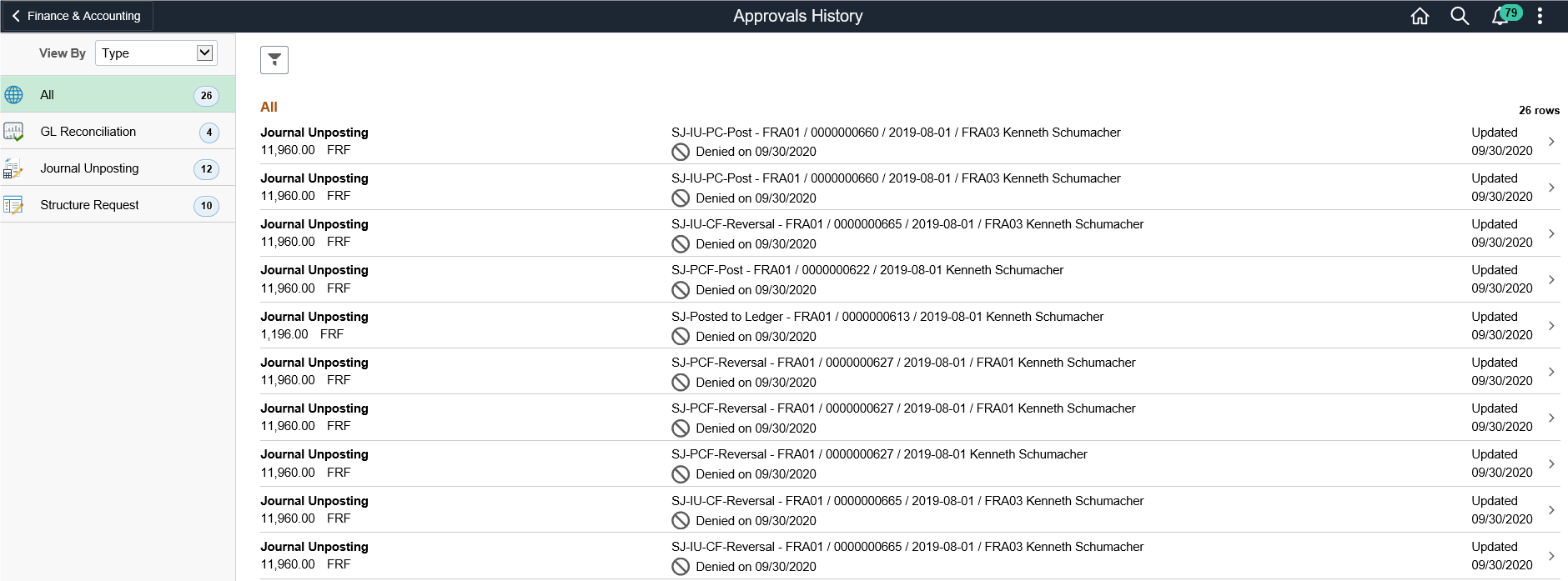 Approvals History (summary) Page