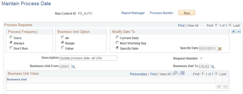 Maintain Process Date page