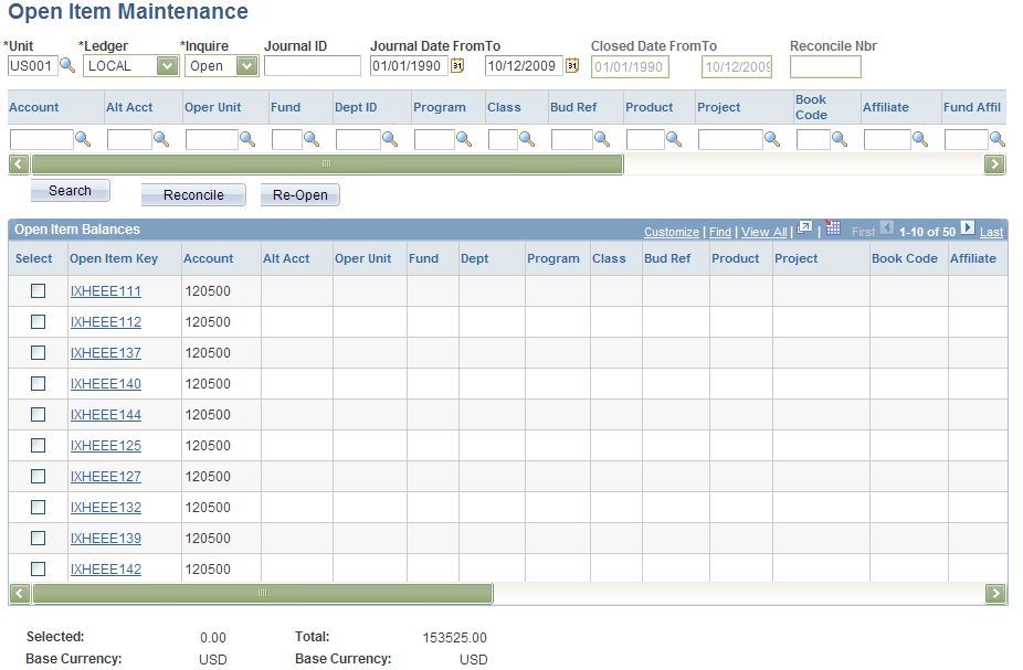 Open Item Maintenance page (1 of 2)