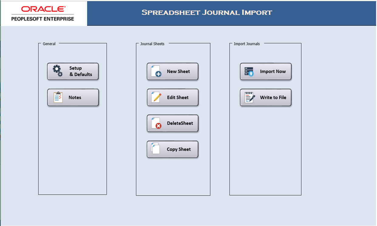 Spreadsheet Journal Import control page