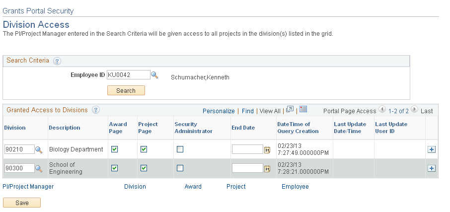 Grants Portal Security - Division Access page