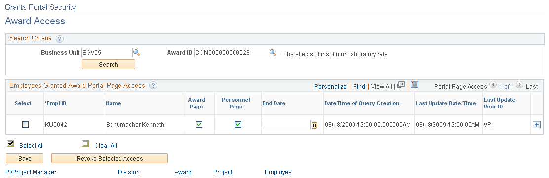 Grants Portal Security - Award Access page