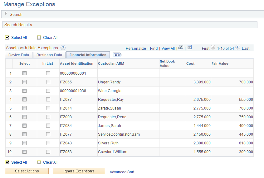 Assets with Rule Exceptions page - Financial Information tab