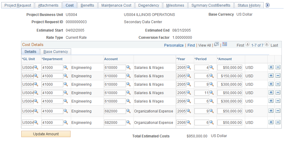 Cost page
