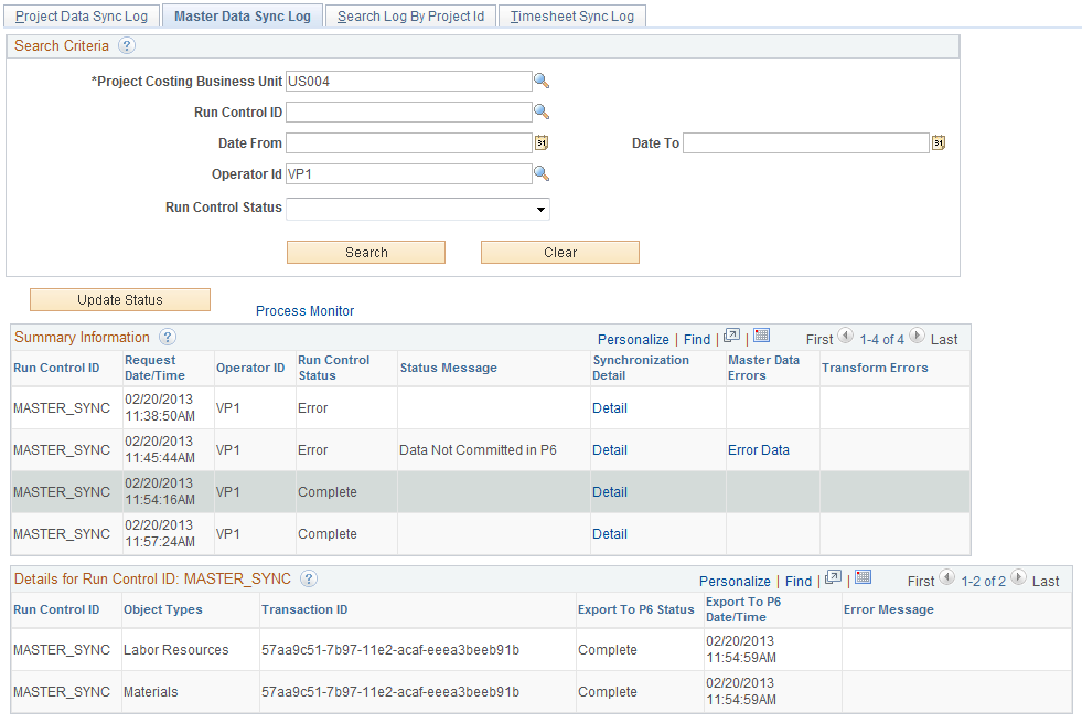 Master Data Sync Log page (Details for Run Control)