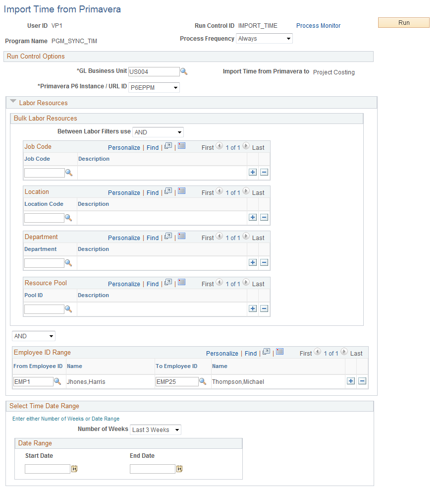 Import Time from Primavera page (when Project Costing is the target)
