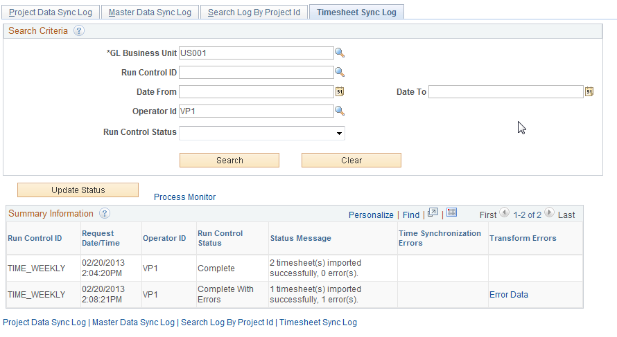 Timesheet Sync Log page