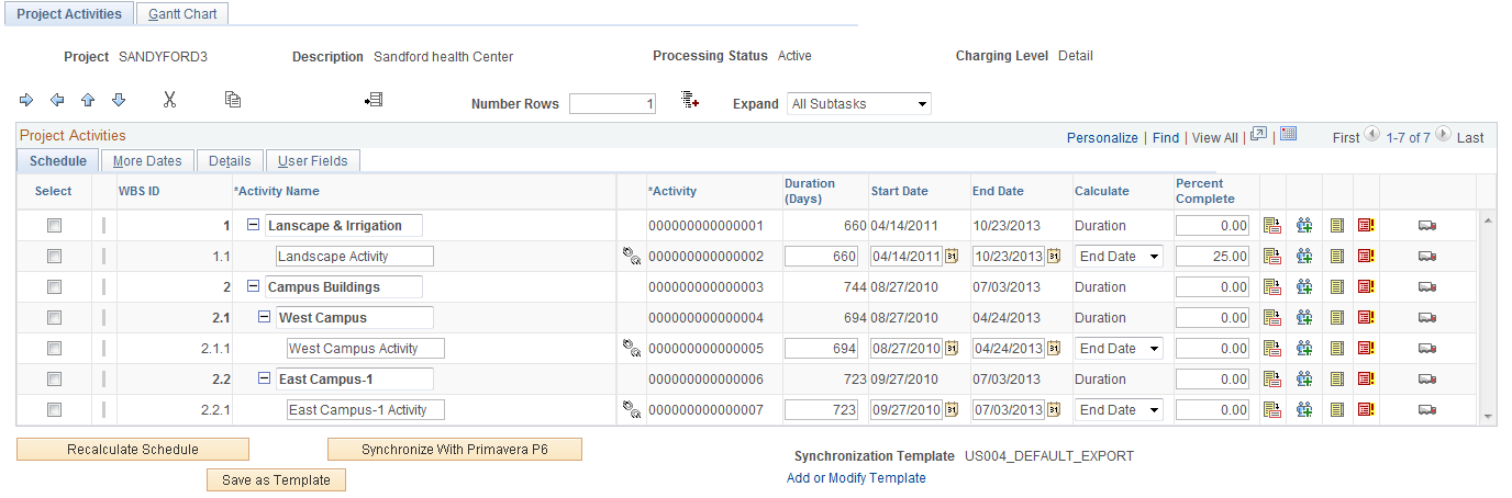 Project Activities page