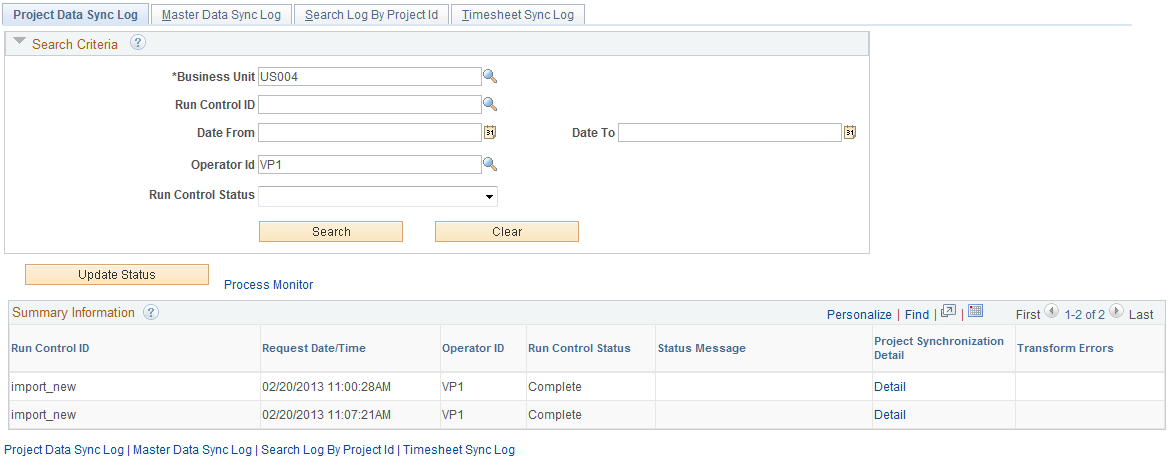 Project Data Sync Log page