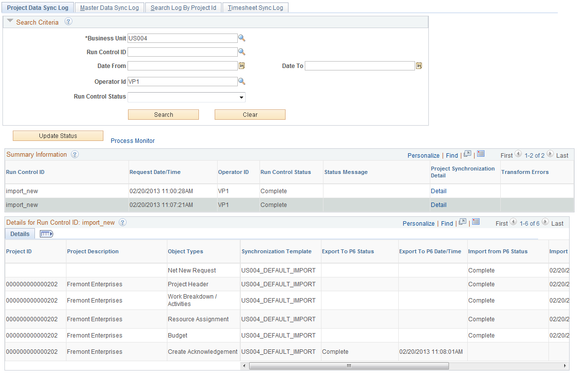 Project Data Sync Log page (Details for the Run Control) (1 of 2)
