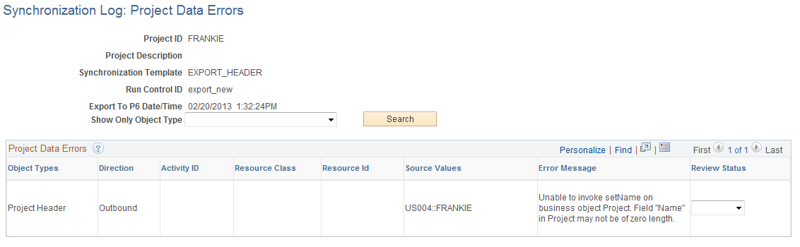 Synchronization Log: Project Data Errors page