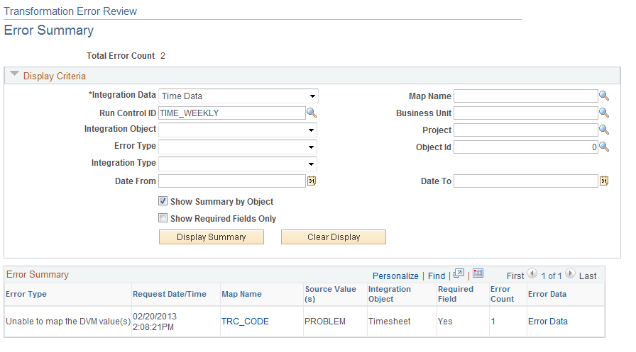 Transformation Error Review - Error Summary page