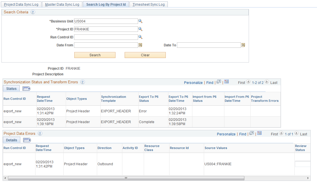 Search Log by Project Id page