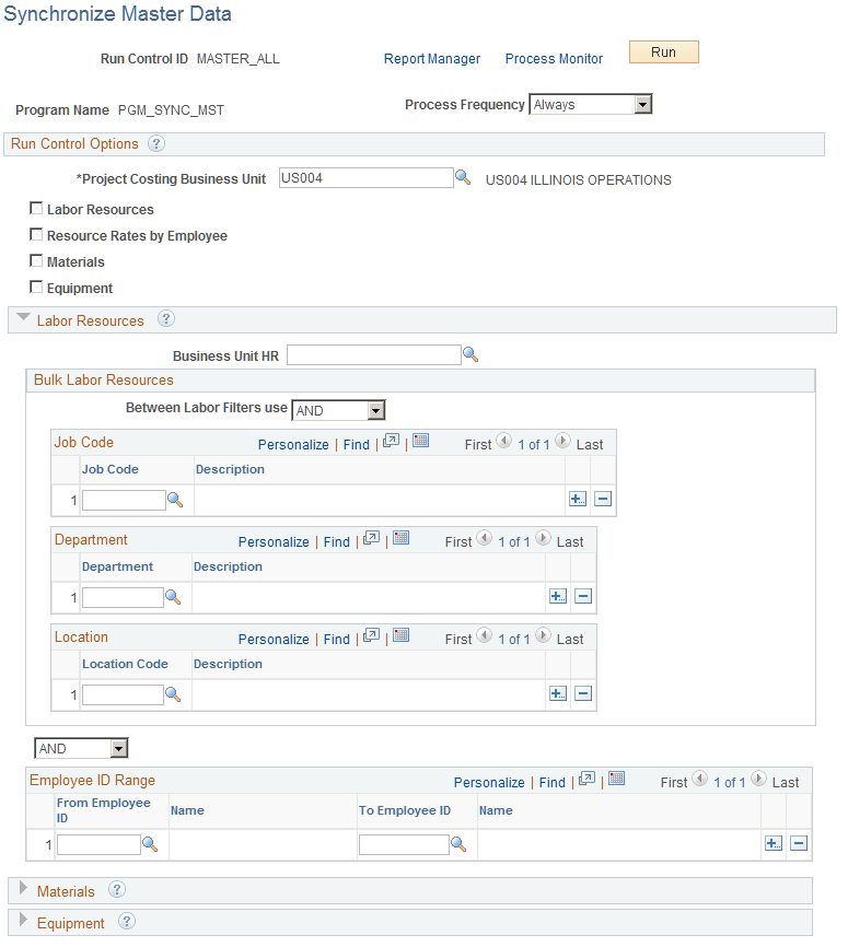 Synchronize Master Data page (Labor Resources section expanded)