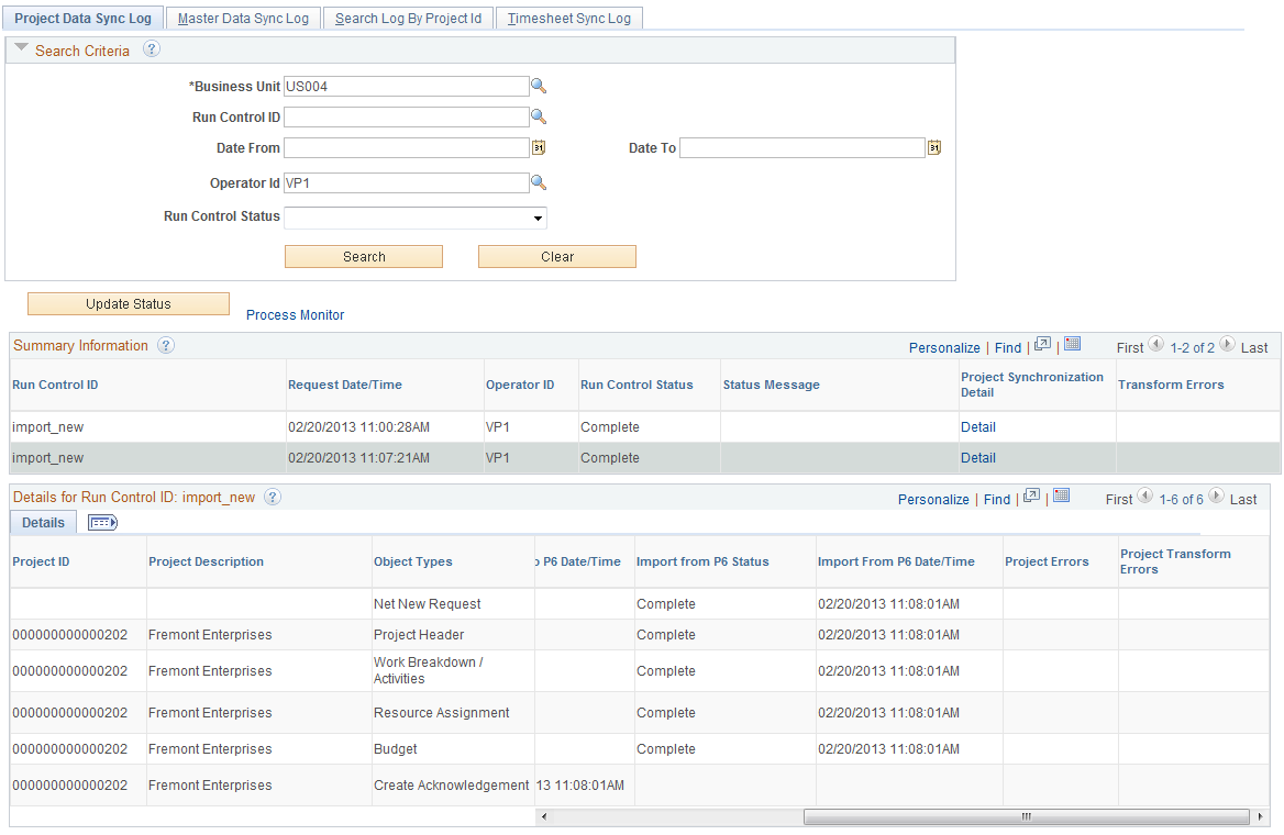 Project Data Sync Log page (Details for the Run Control) (2 of 2 horizontal scroll bar)