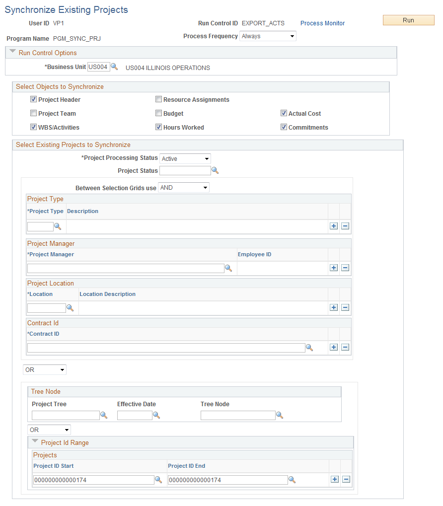 Synchronize Existing Projects page