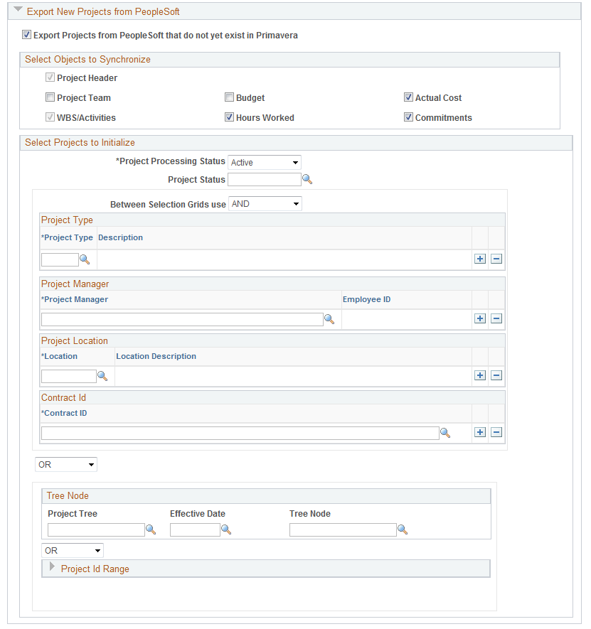 Synchronize Net New Projects page (Export New Projects from PeopleSoft section expanded)