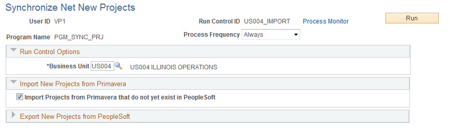 Synchronize Net New Projects page (Export New Projects from PeopleSoft section collapsed)